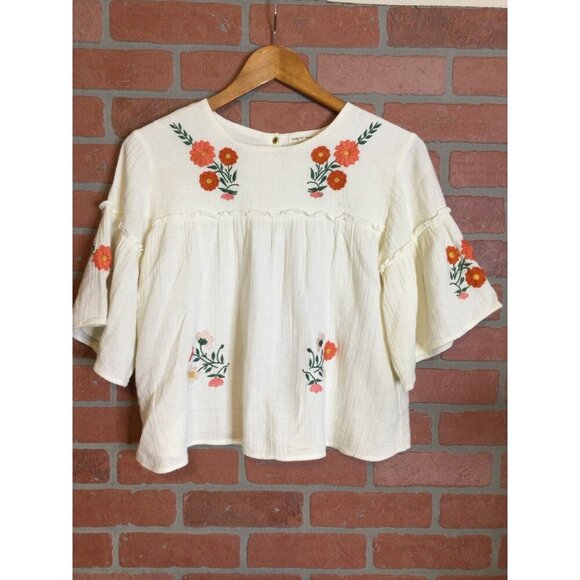 Hundred Pieces Women's Embroidered Floral Pleated Top Short Sleeve Beige Size XS - Picture 2 of 10
